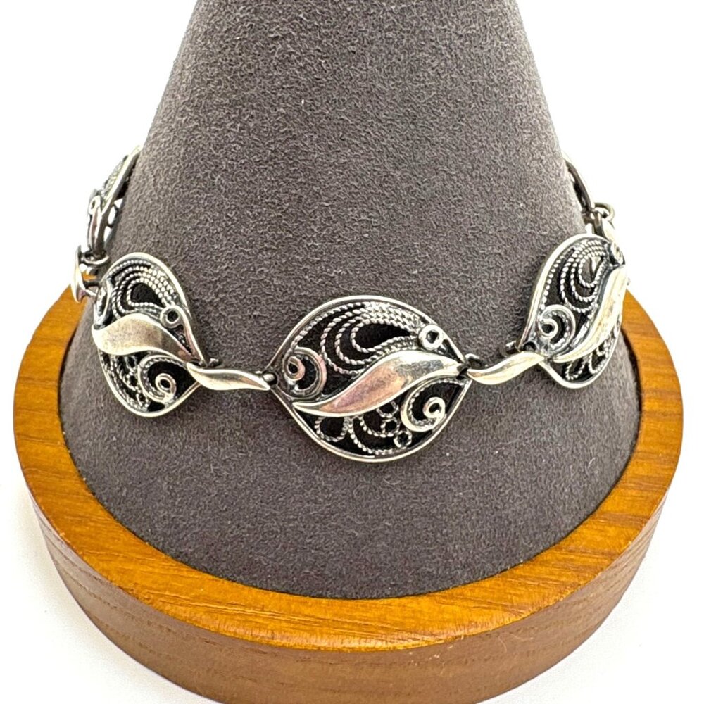 VTG Sterling Silver 925 Circle Filigree Scroll Design Link Bracelet 8" Length